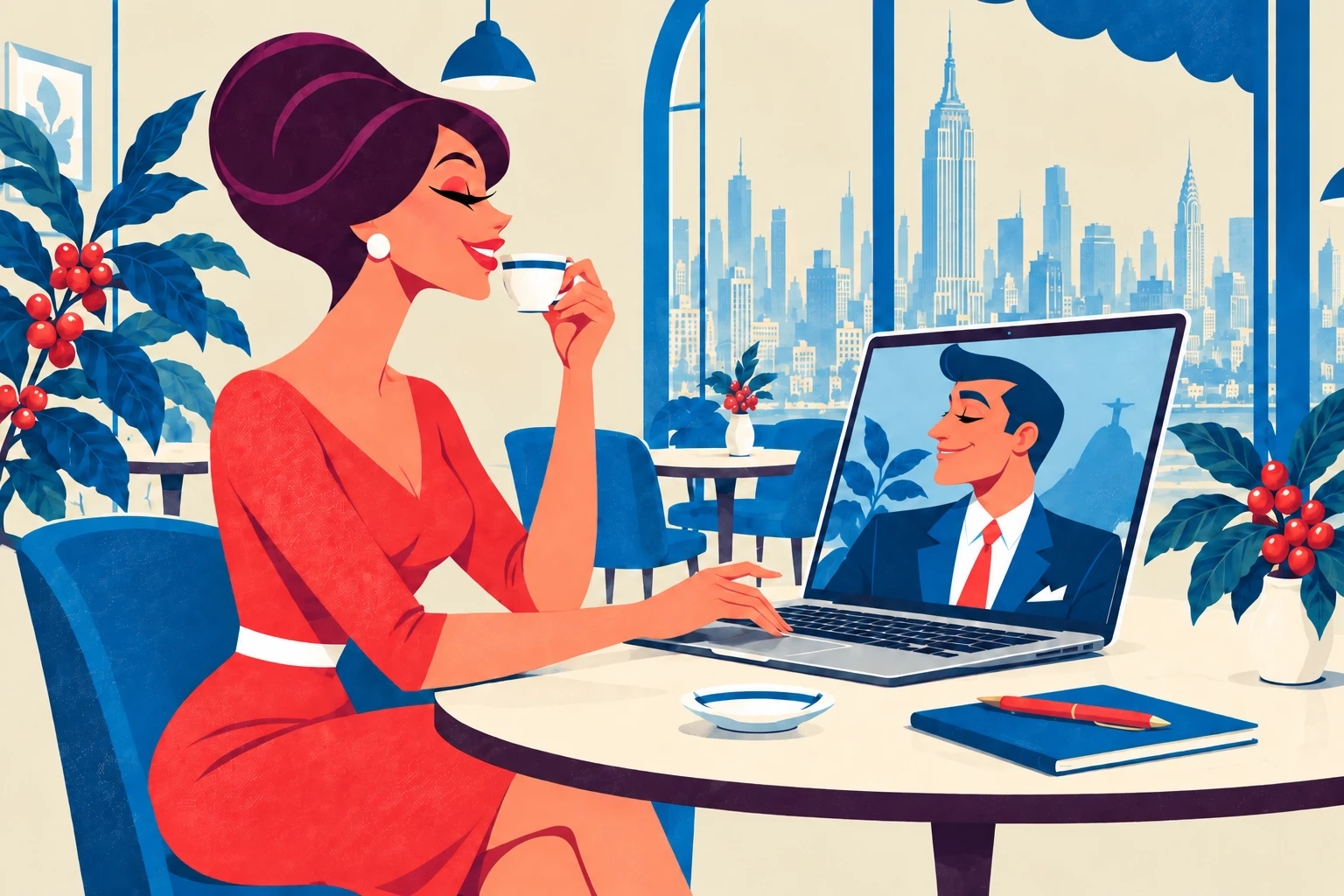 The international buyer enjoys coffee in a New York café. On her laptop, the Brazilian exporter faces her with Rio de Janeiro behind him.